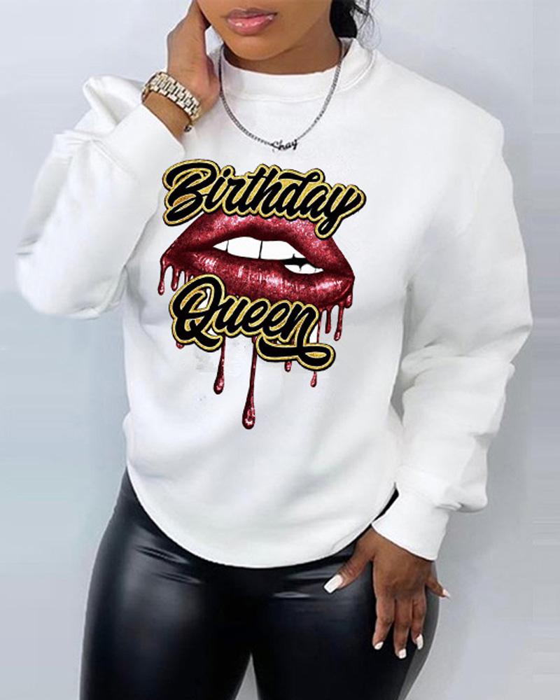 

Plus Size Letter Lip Print Long Sleeve Sweatshirt, White