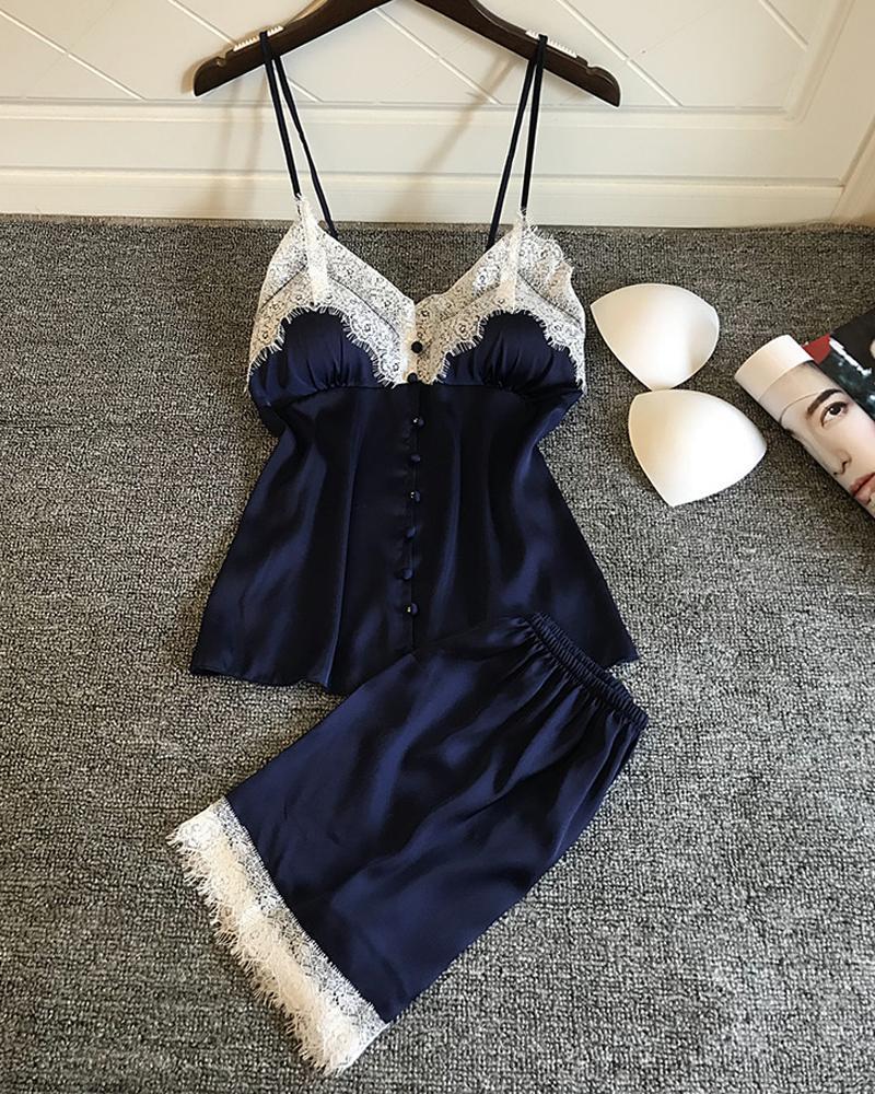 

Eyelash Lace Button Design Satin Padded Cami Set, Dark blue