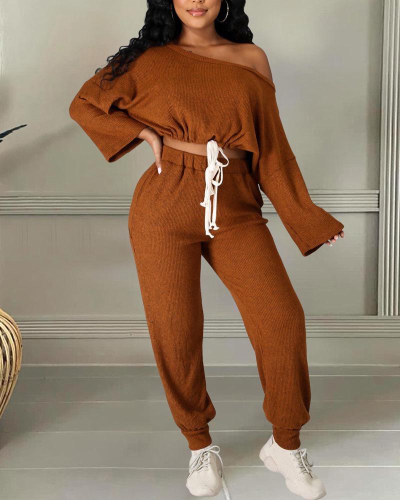 

Ribbed Off Shoulder Drawstring Crop Top & Pants Set, Coffee