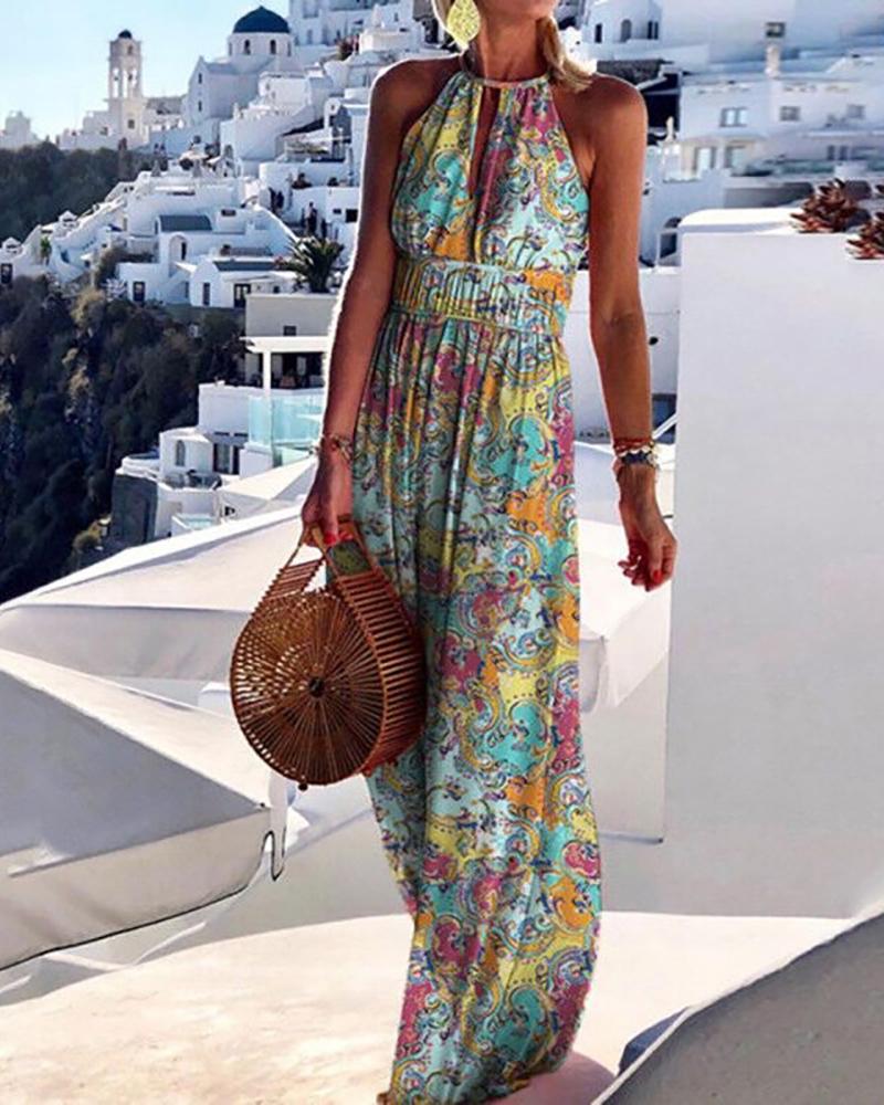 

Allover Print Halter Cutout Front Maxi Dress, Multicolor