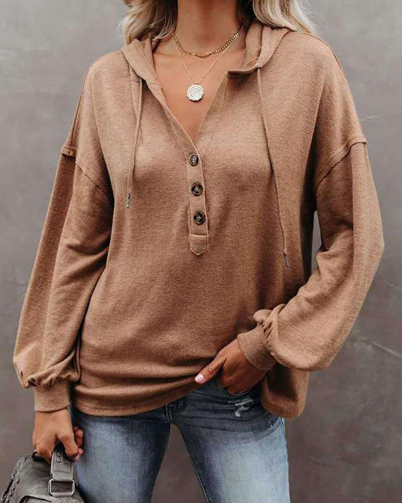 

Long Sleeve Button Design Drawstring Sweatshirt, Khaki