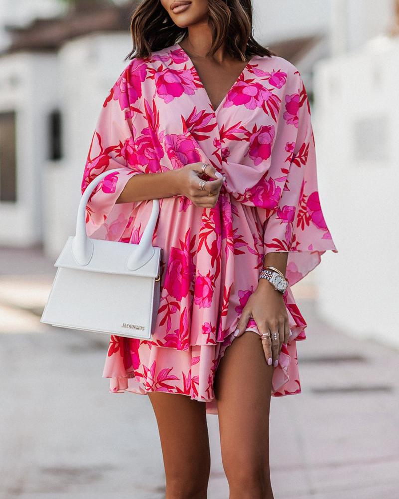 

Floral Print Twist Design Casual Dress, Pink