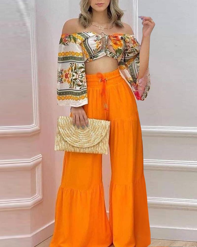 

Floral Print Off Shoulder Crop Top & Wide Leg Pants Set, Multicolor