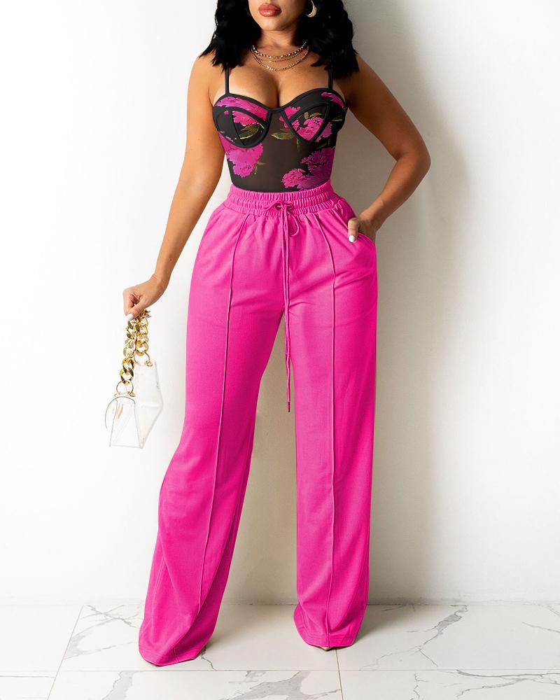 

Floral Print Sheer Mesh Cami Top & Drawstring Pants Set, Hot pink