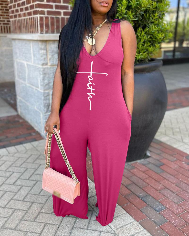 

Letter Print Sleeveless Wide Leg Jumpsuit, Hot pink
