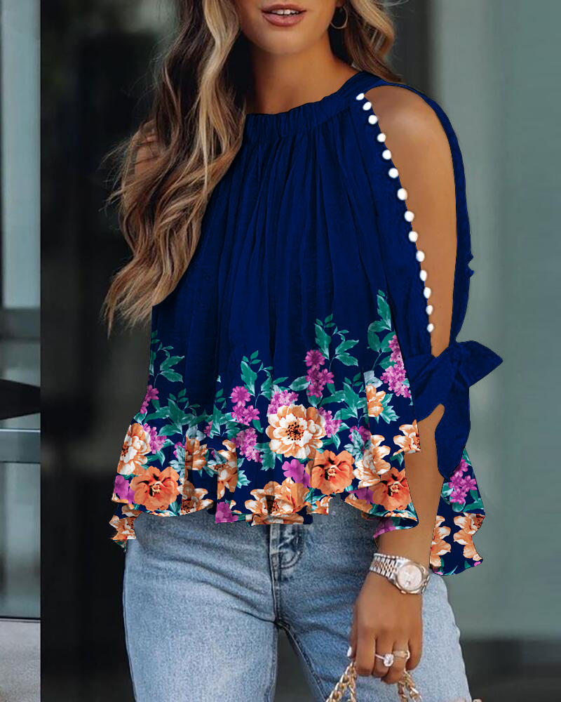 

Floral Print Ruffle Hem Beaded Split Sleeve Top, Purplish blue
