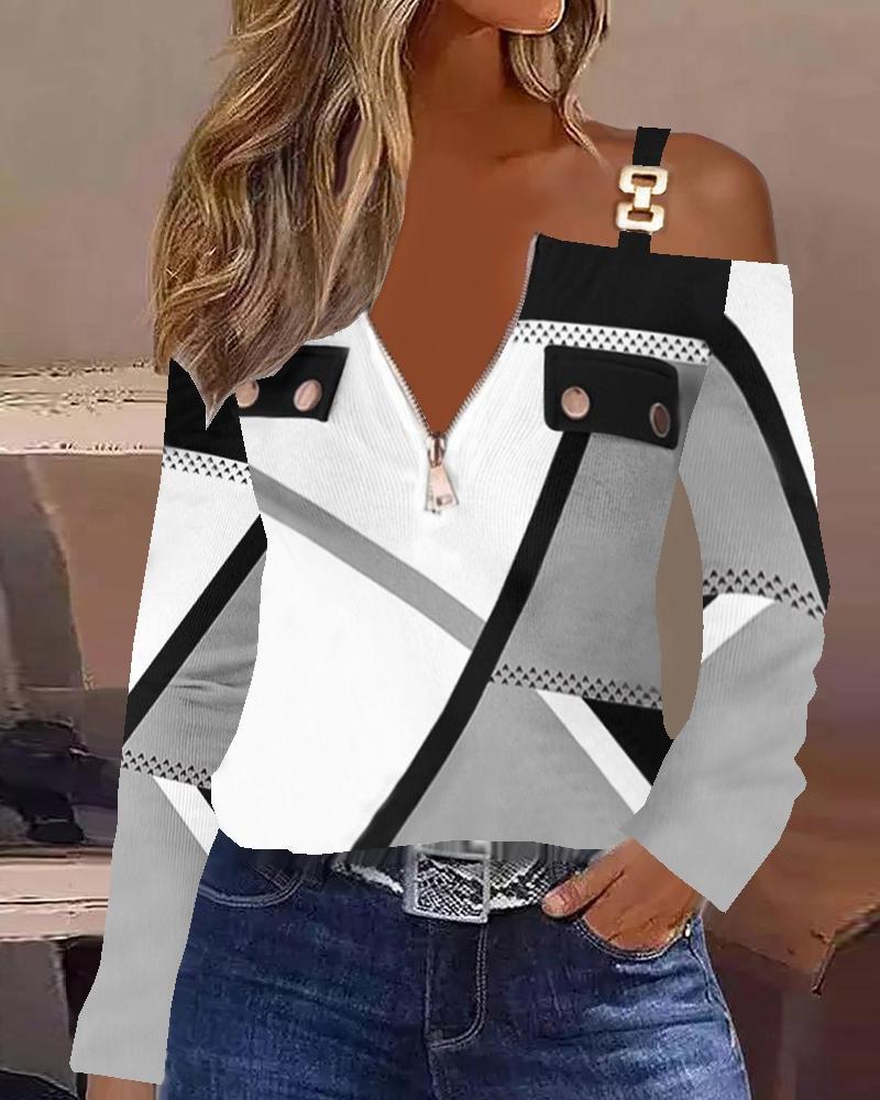 

Cold Shoulder Geometric Print Long Sleeve Top, Gray