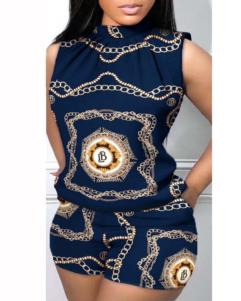 

Plus Size Chain Scarf Print Tank Top & Pocket Design Shorts Set, Blue