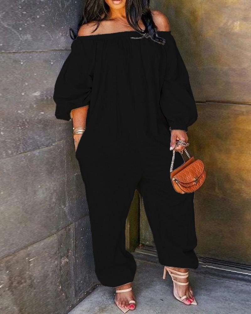 

Off Shoulder Pocket Design Lantern Sleeve Jumpsuit, Black