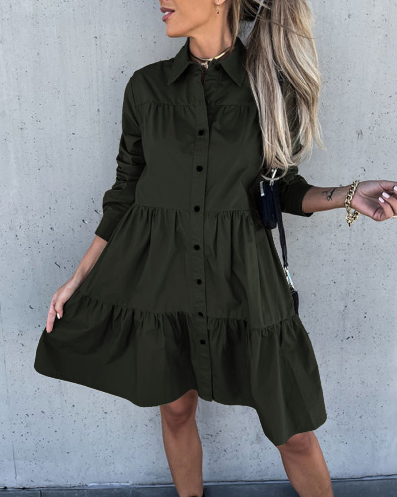 

Long Sleeve Ruffle Hem Buttoned Shirt Dress, Army green