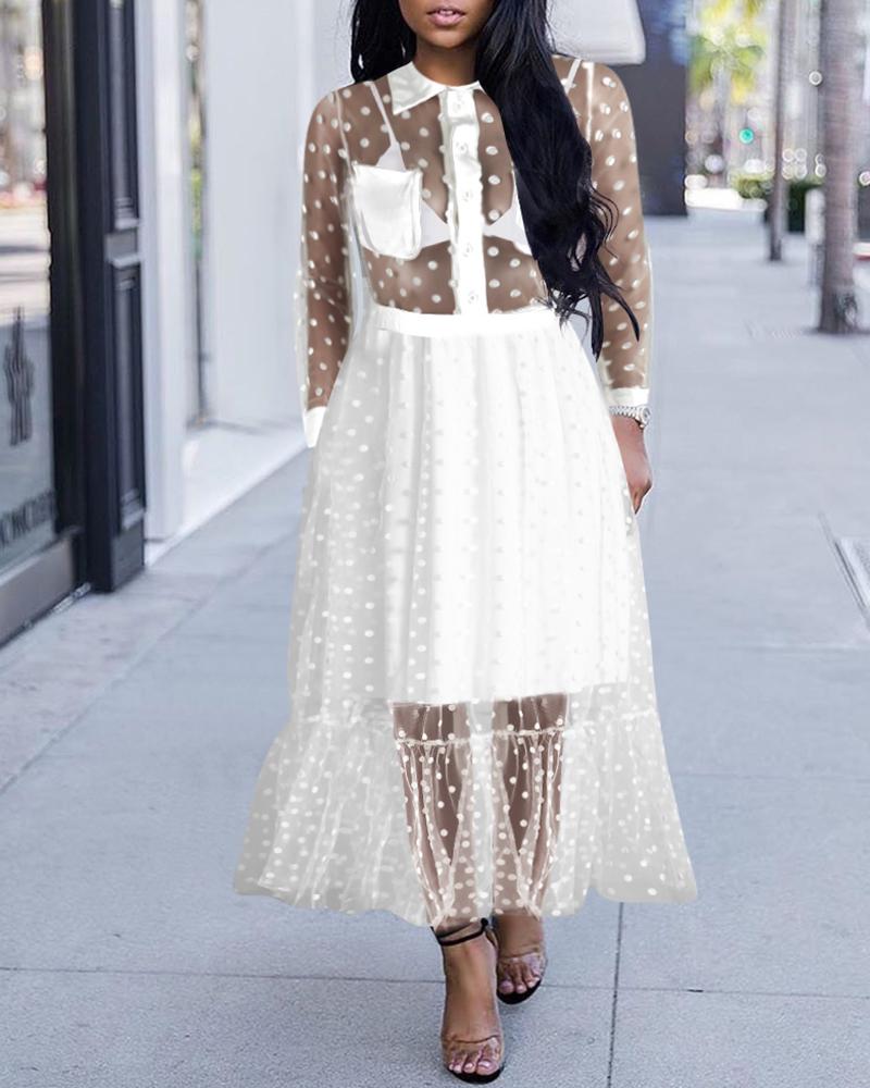 

Long Sleeve Dots Sheer Mesh Dress, White