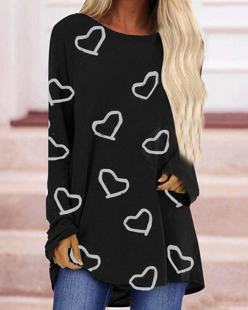

Multi-heart Print Long Sleeve Loose T-shirts, Black