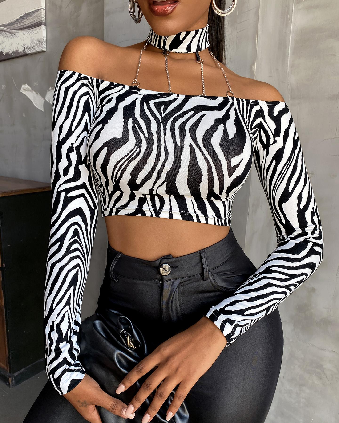 

Zebra Stripe Halter Crop Top, Black