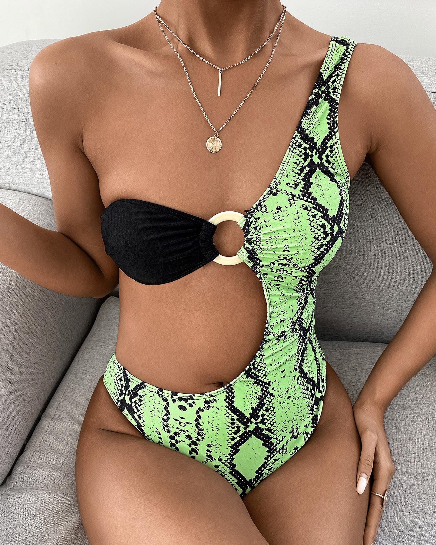 

Snakeskin Print One Shoulder Cutout One Piece Swimwear, Green