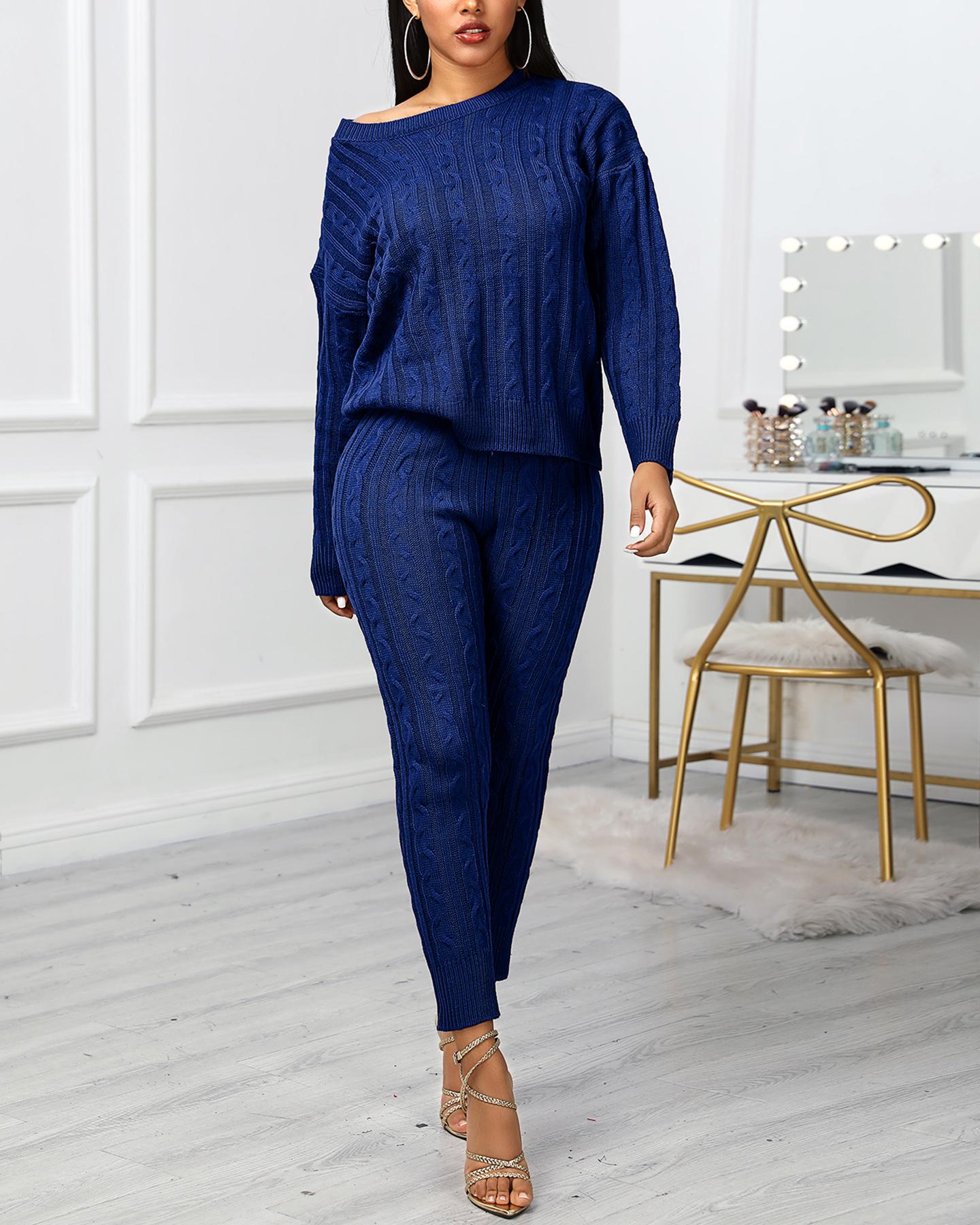 

Solid Ribbed Knitting Casual Sweater & Pants Sets, Blue