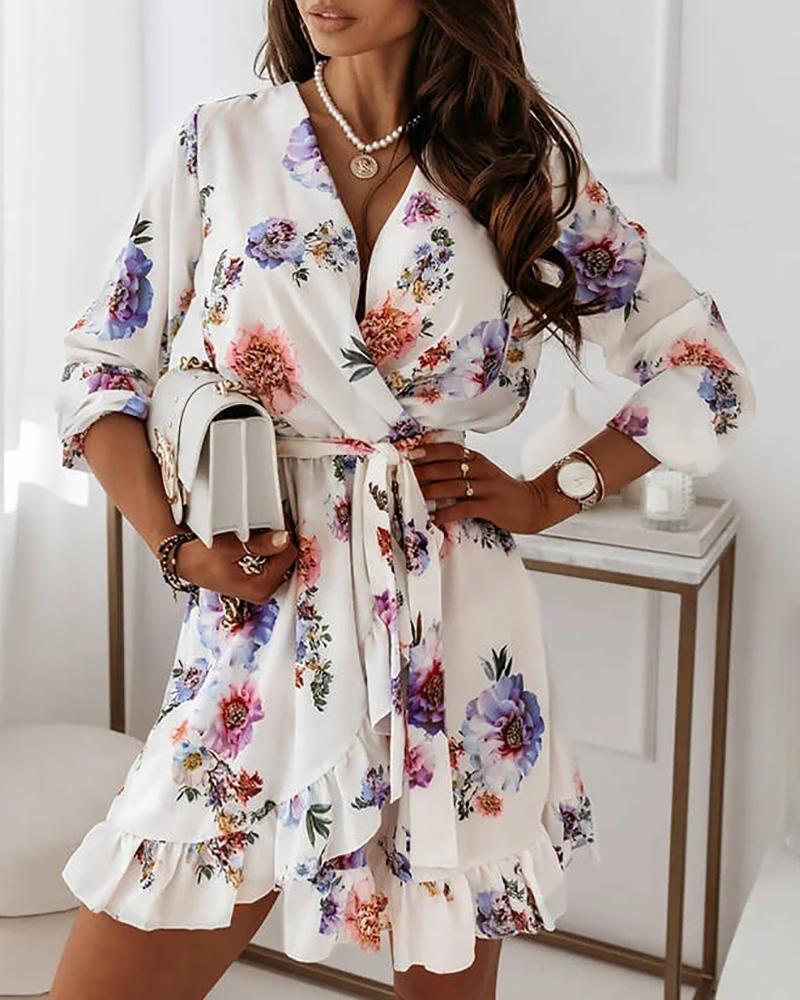 

Floral Print Long Sleeve Ruffle Hem Casual Dress, Purple