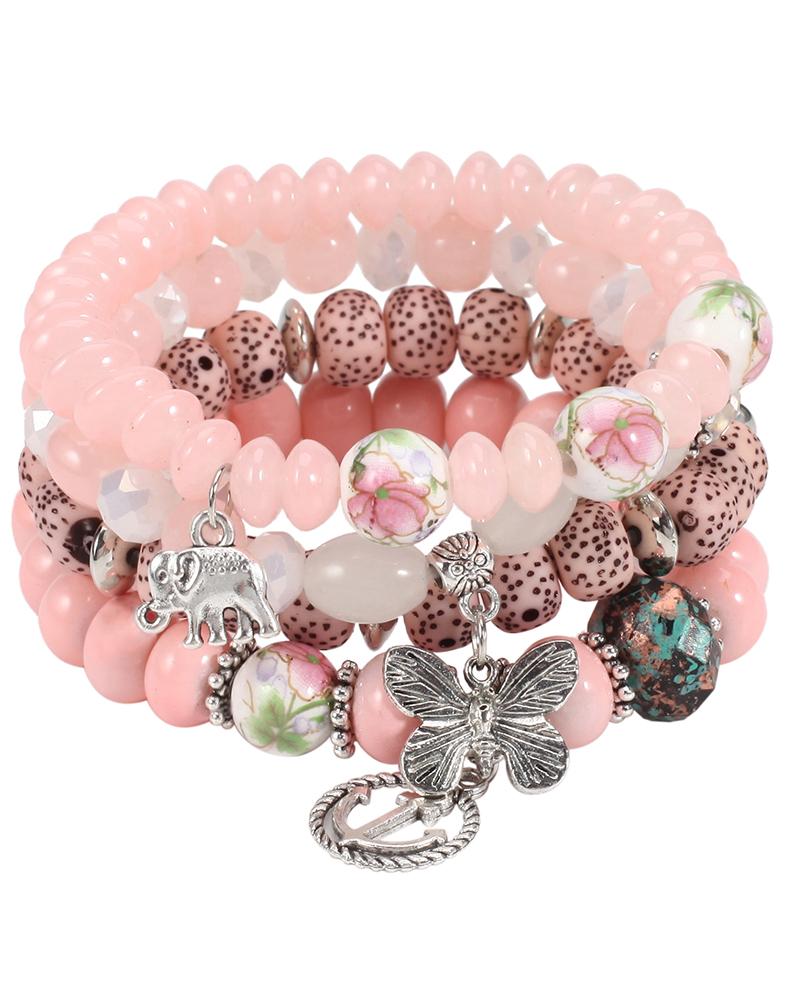 

4pcs Elephant Anchor Butterfly Shaped Pendant Stackable Bohemian Layered Beaded Unisex Bracelets Set, Pink