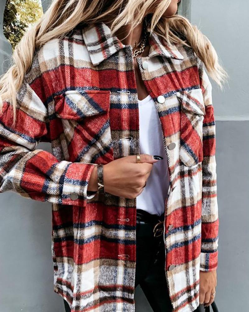 

Button Pocket Design Long Sleeve Plaid Shirt Coat, Red