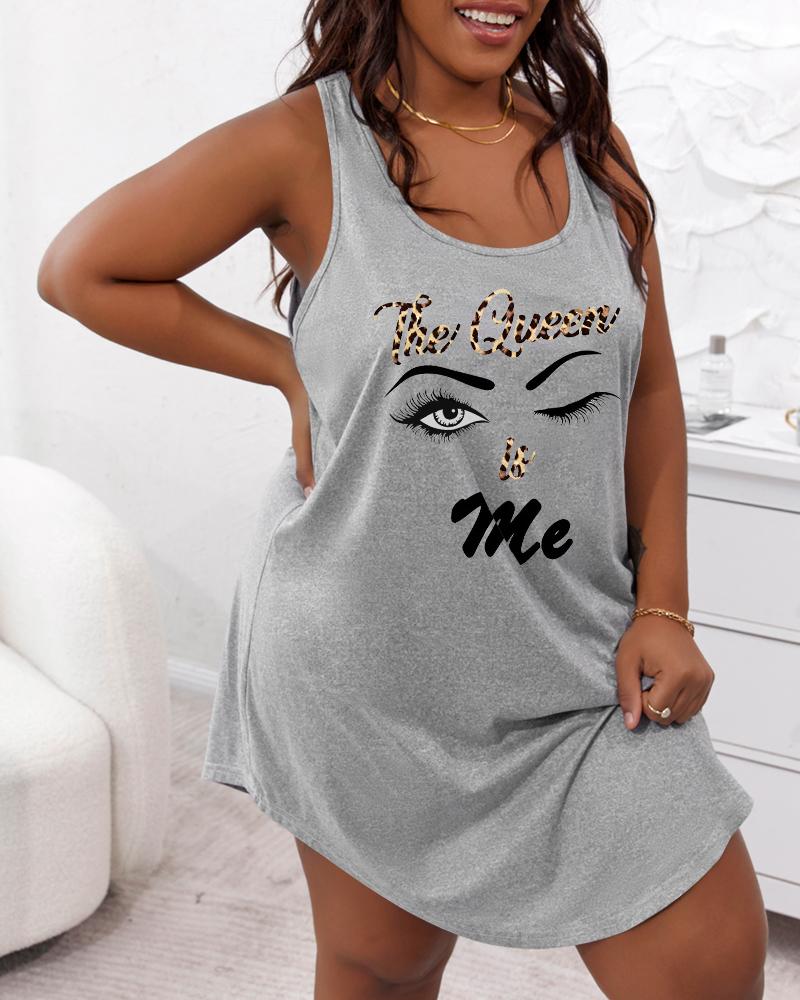 

Plus Size Letter Figure Leopard Print Sleeveless Sleep Dress, Gray