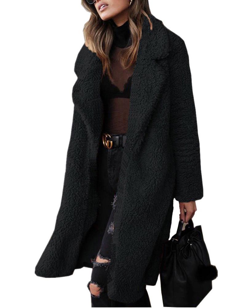 

Long Sleeve Casual Longline Teddy Coat, Black