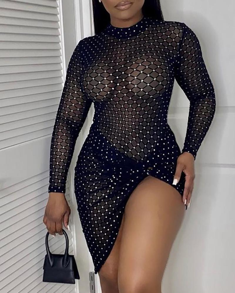 

Asymmetrical O Neck Sheer Rhinestone Decor Bodycon Dress, Black