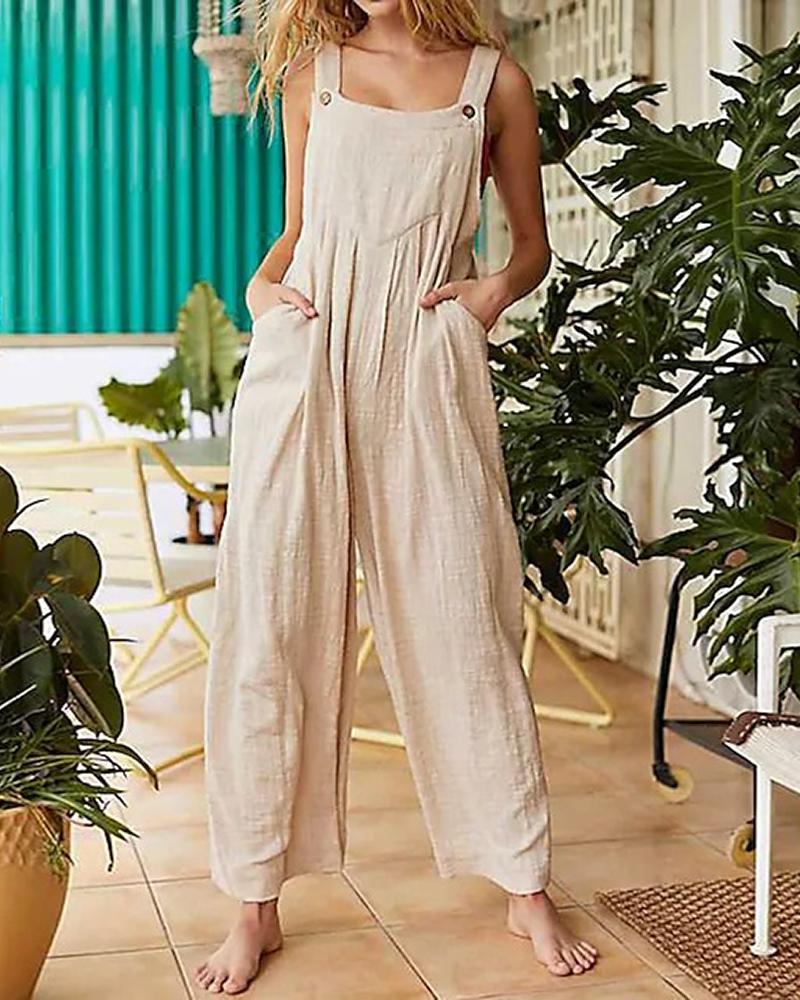 

Pocket Decor Cargo Suspender Jumpsuit, Beige