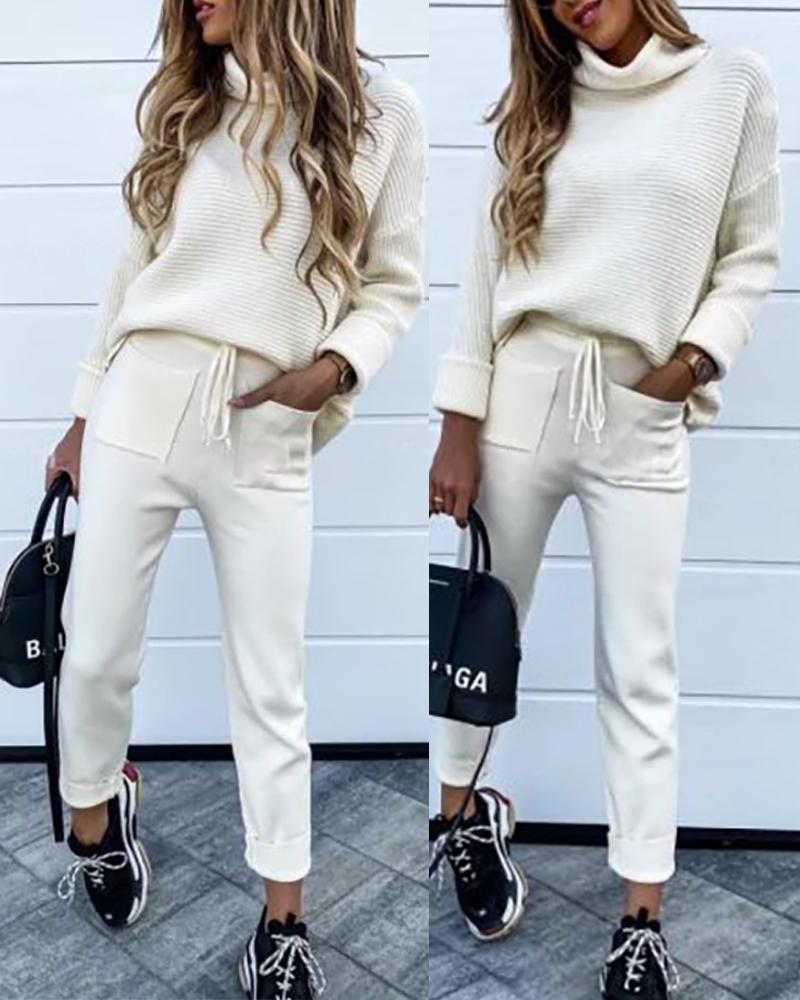 

Turtleneck Long Sleeve Knit Top & Drawstring Pants Set, Beige