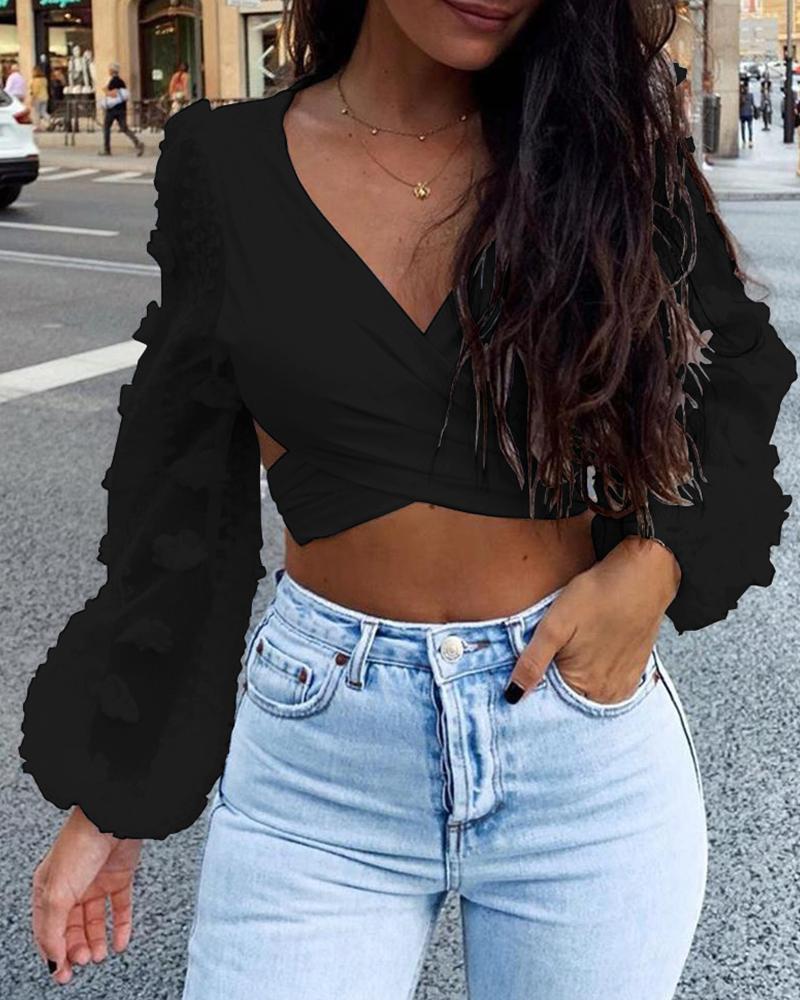 

Knotted Backless Puff Lantern Sleeve Crop Top, Black