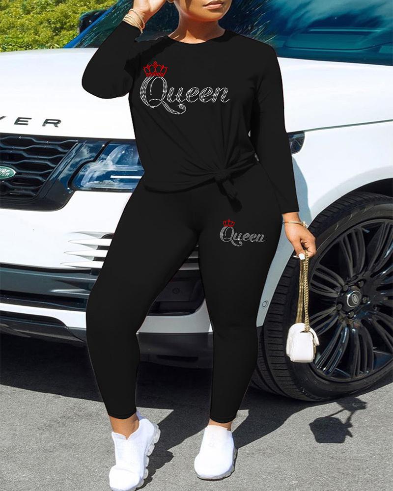 

Plus Size Rhinestone Letter Crown Long Sleeve Top & Pants Set, Black