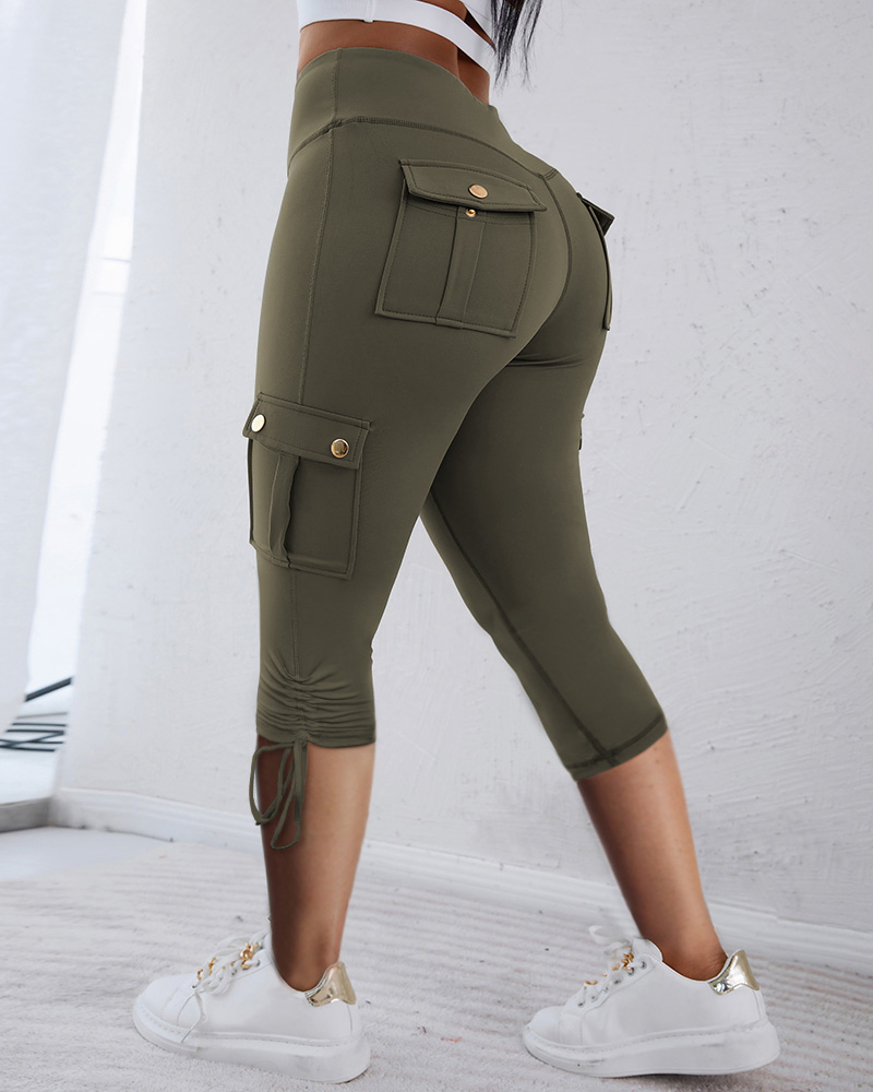 

High Waist Pocket Design Drawstring Cargo Workout Pants Casual Slim Fit Yoga Capri Pants, Army green