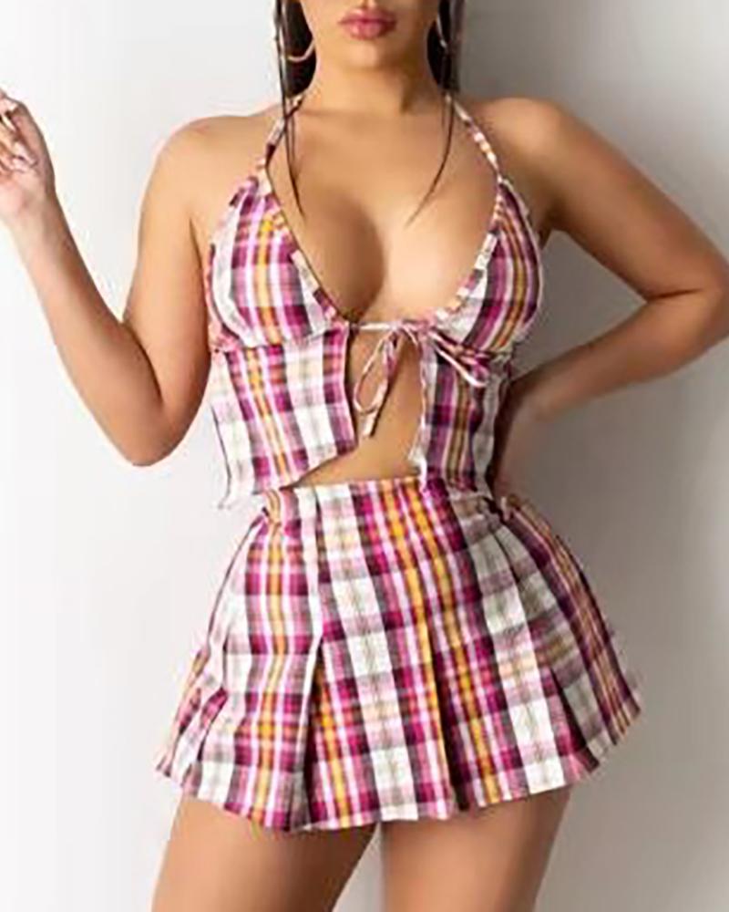 

Plaid Colorblock Backless Crop Top & Skirt Set, Pink