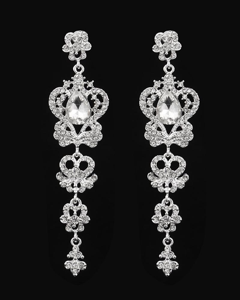 

1Pair Hollow Out Rhinestone Crown-shaped Wedding Bridal Drop Earrings, Silver