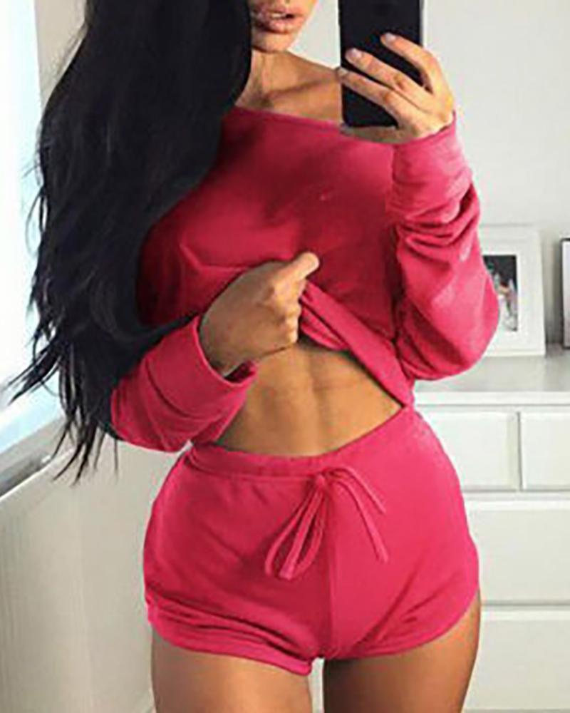 

Solid Off Shoulder Long Sleeve Women Top & Short Set, Red