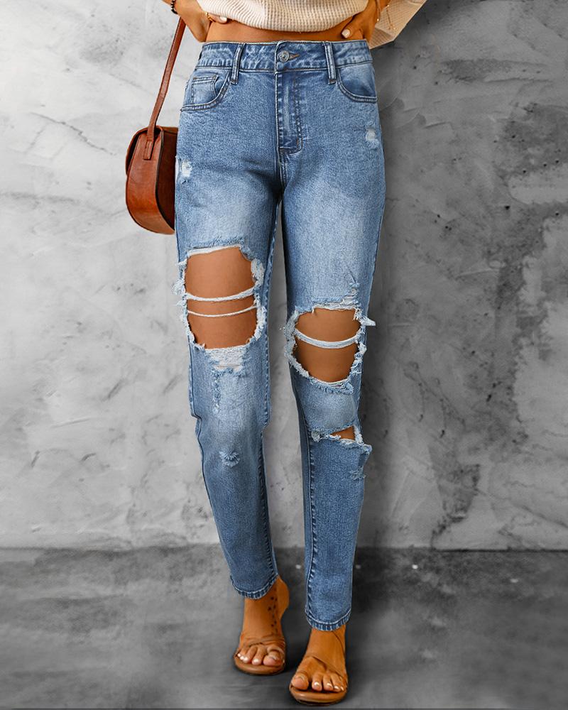 

Pocket Design Ripped Cutout Jeans, Blue