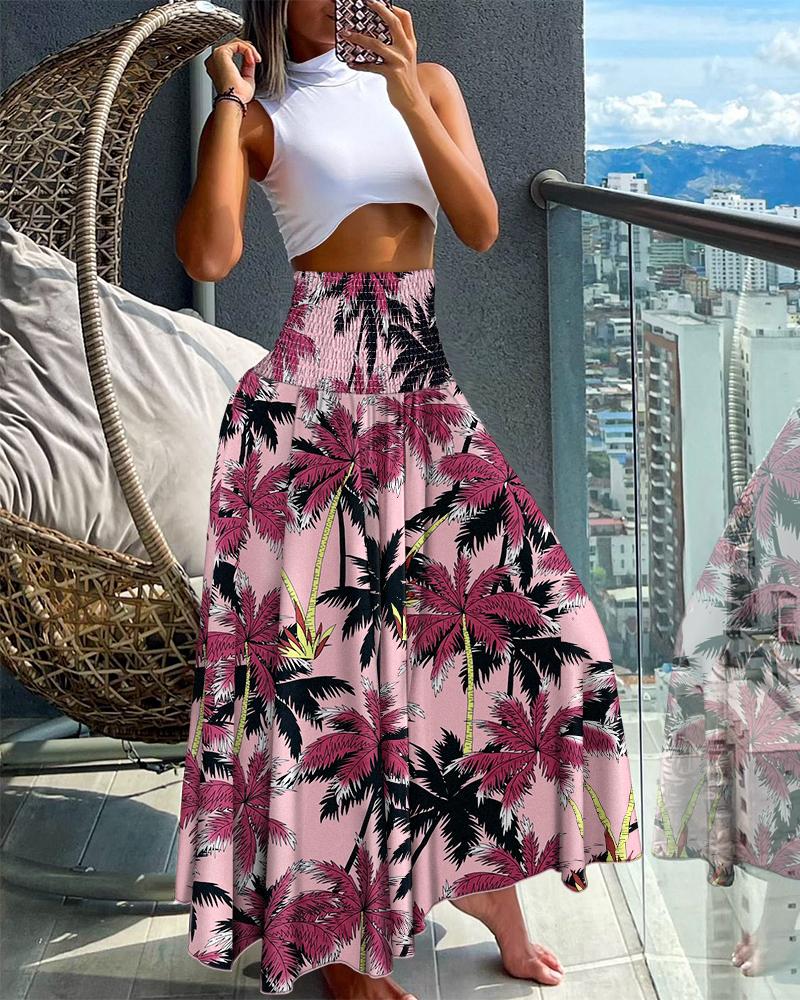 

Coconut Tree Print Shirred Wide Leg Pants, Pink