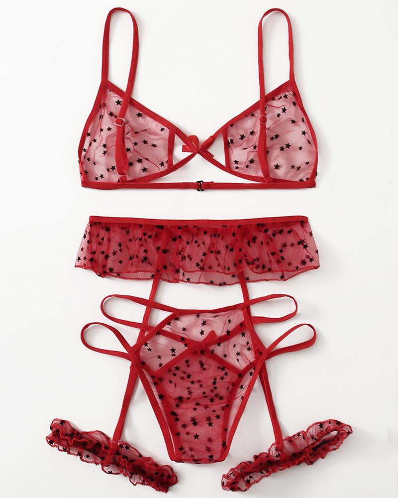 

Star Print Sheer Mesh Lingerie Set, Red