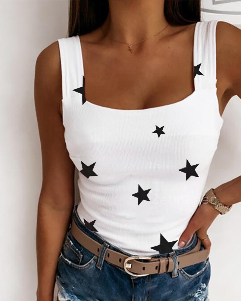 

Knit Star Print Square Neck Tank Top, White