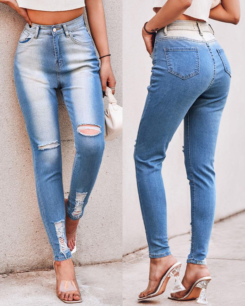 

Zipper Fly Cutout Ripped Skinny Jeans, Blue