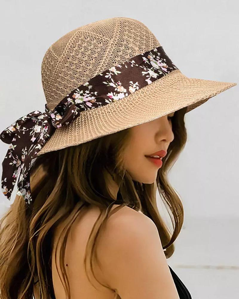 

Floral Band Wide Brim Straw Sun Hat, Khaki