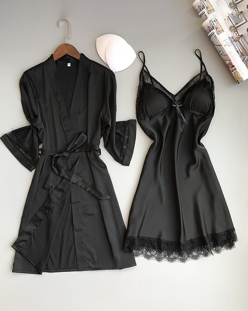 

Contrast Lace Satin Long Sleeve Robe With Babydoll, Black