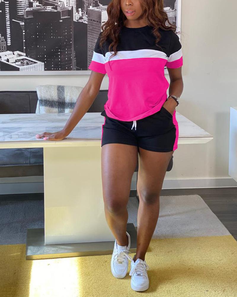 

Color Bock Short Sleeve T-shirt With Short Pants Active Sets, Hot pink
