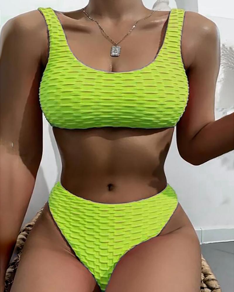 

Bubble Textured U-Neck High Waist Bikini Set, Yellow