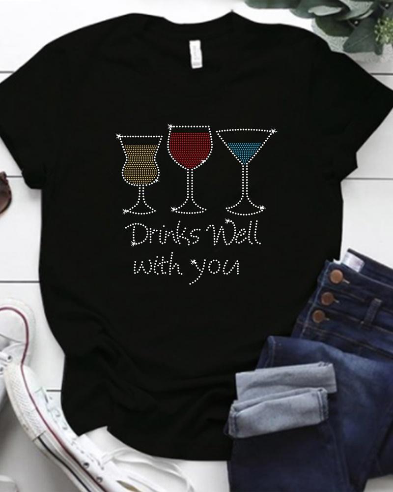 

Christmas Rhinestone Wine Glass Letter Pattern Casual T-shirt, Black