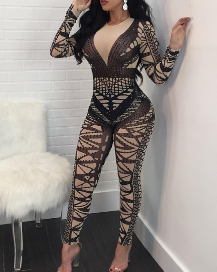 Digital Print Long Sleeve Slinky Jumpsuit