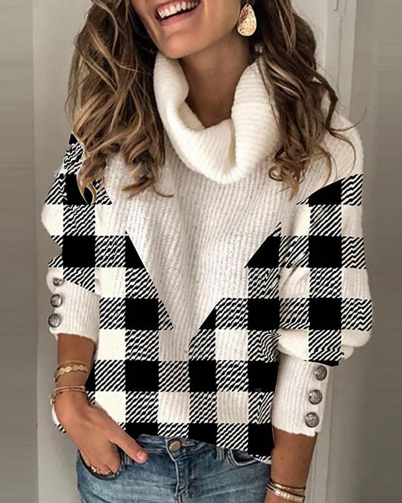 

Plaid Colorblock Lantern Sleeve Knit Sweater, Black