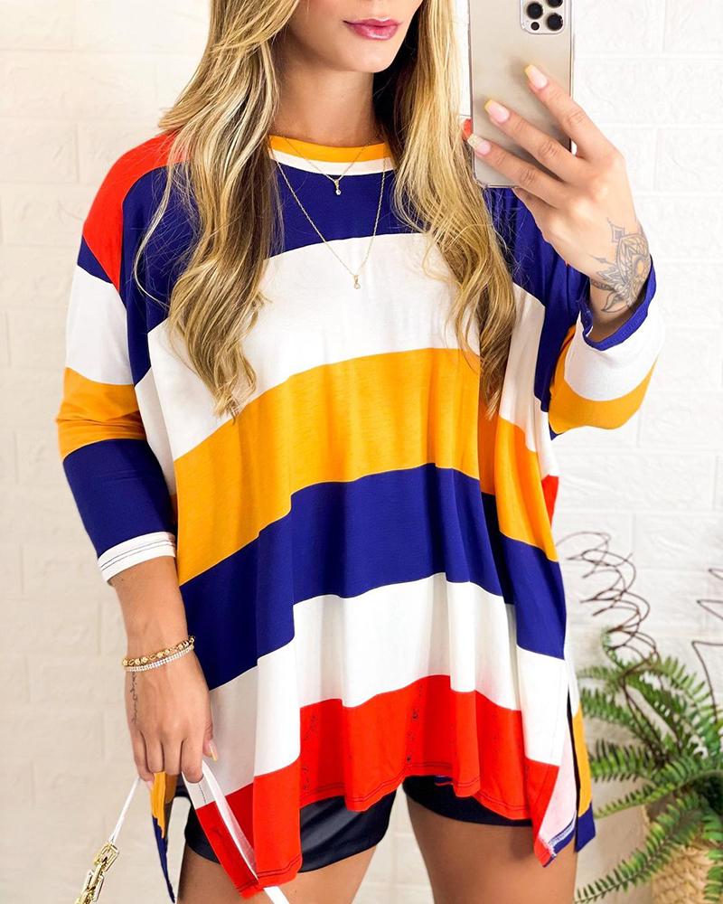 

Striped Print Colorblock Long Sleeve Top, Multicolor