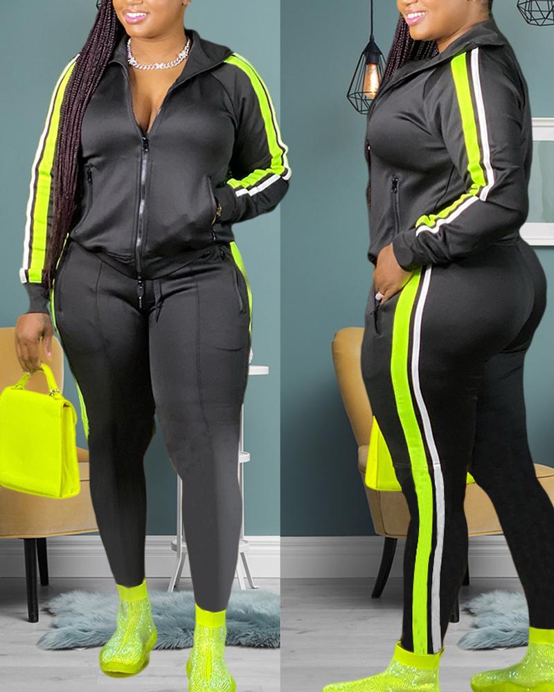 

Plus Size Contrast Paneled Zip Up Top & Pants Set, Black
