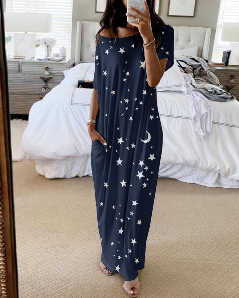 

Short Sleeve Stars Print Casual Dress, Purplish blue