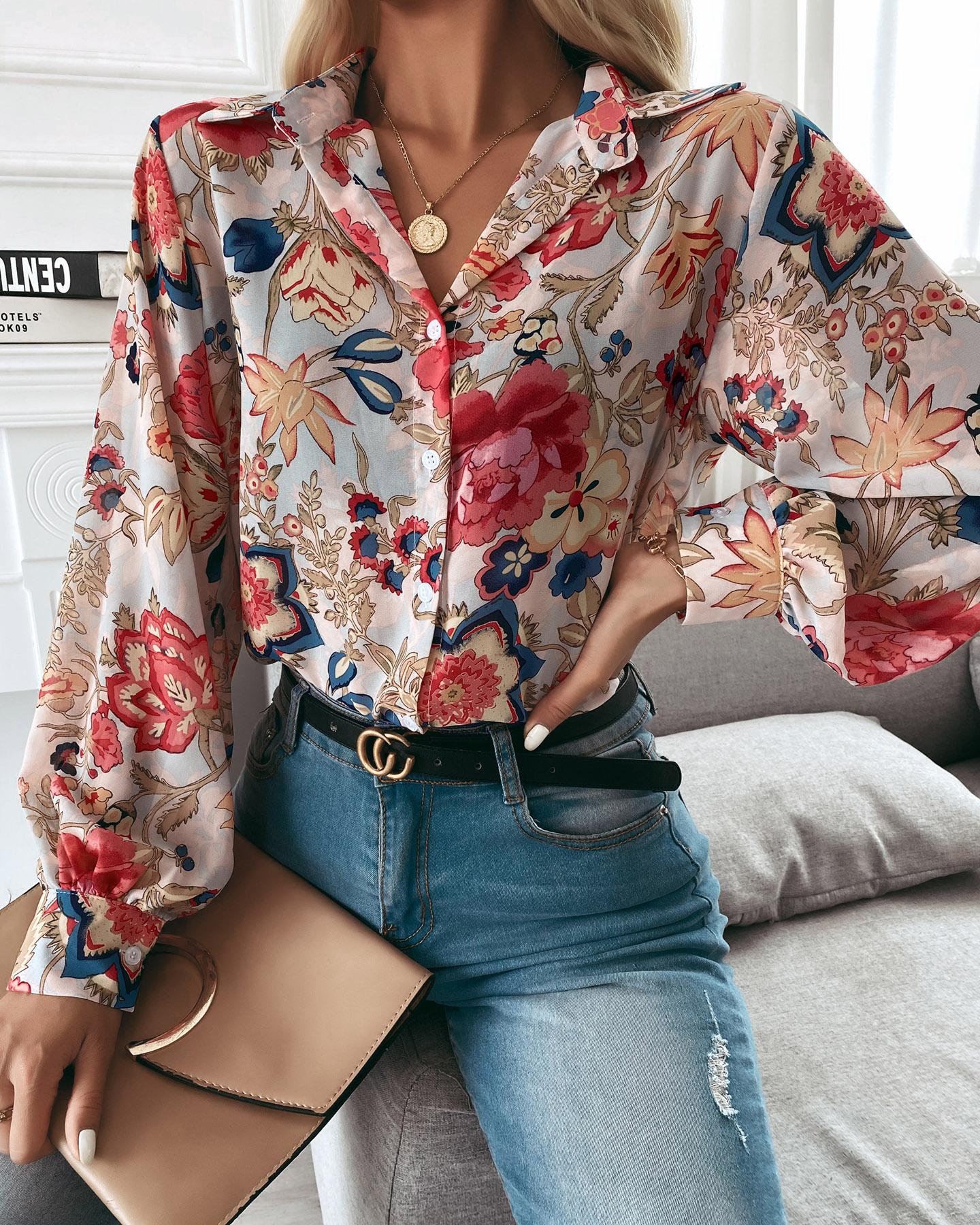 

Button Front Lantern Sleeve Floral Print Shirt, Red