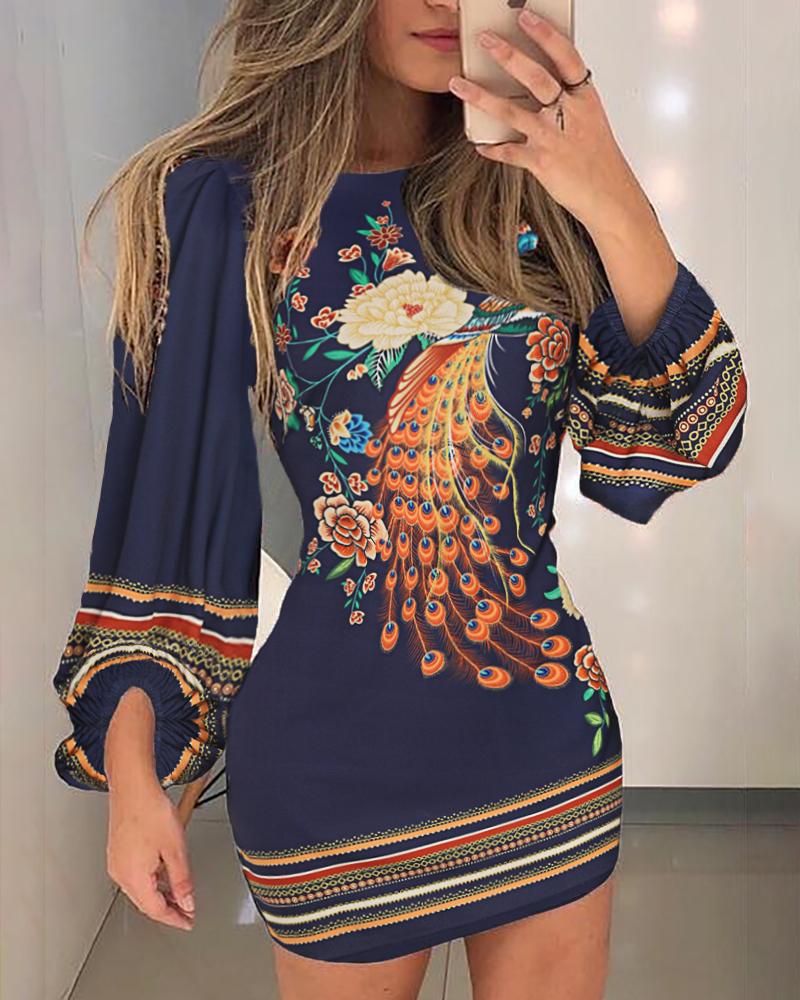 

Peacock Print Cutout Back Bishop Sleeve Dress, Multicolor